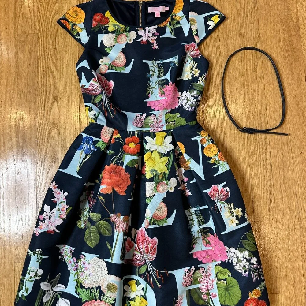 Ted Baker London Alphabet Ditsy Skater Dress Size 0/XS Floral Fit & Flare Navy - Picture 5 of 17